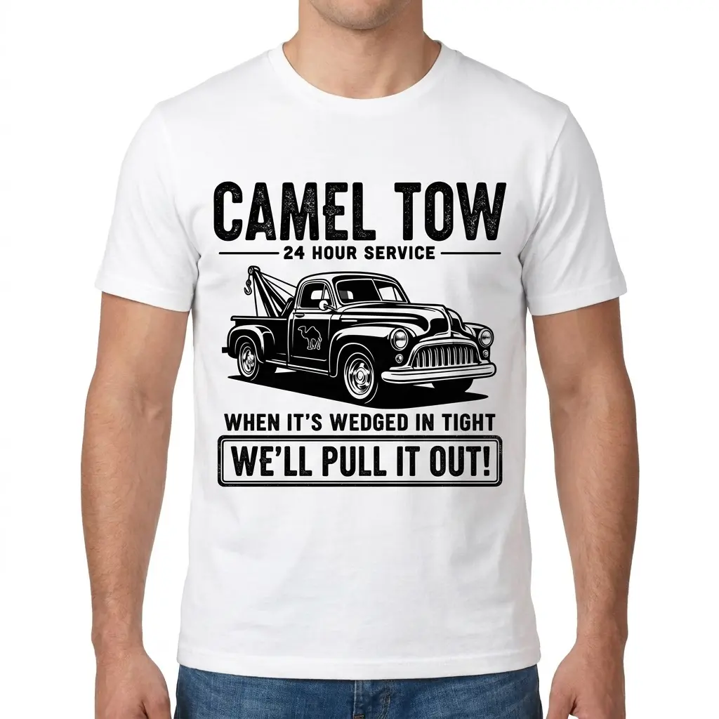 Man wearing the Camel Tow 24 Hour Service T-Shirt shown from the front.