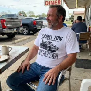 Camel Tow 24 Hour Service T-Shirt 11 Casual lifestyle setting displaying the Camel Tow novelty apparel.