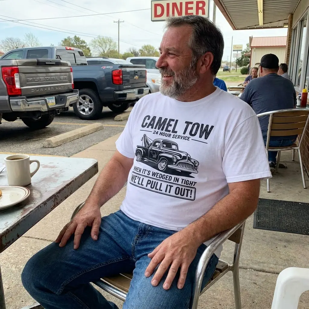 Casual lifestyle setting displaying the Camel Tow novelty apparel.