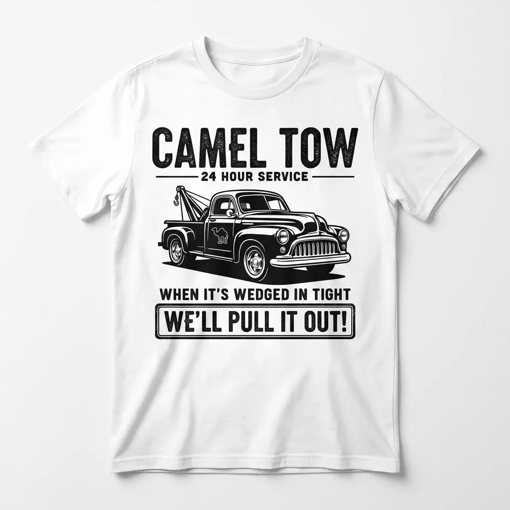 Camel Tow T-Shirt flat lay featuring a vintage tow truck graphic and humorous 24 hour service text.