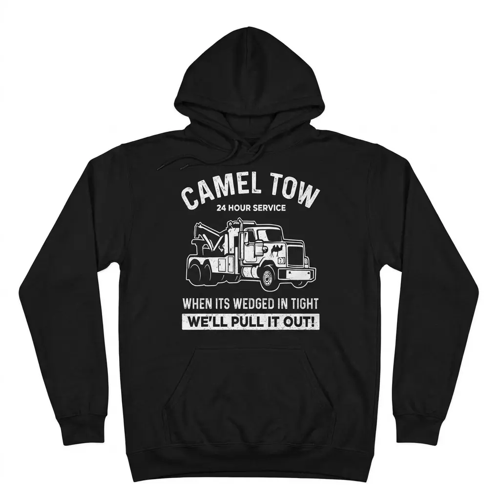 Front flat lay of a hoodie printed with the Camel Tow 24 hour service tow truck design.