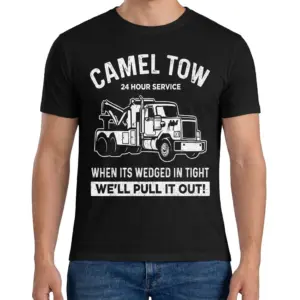 Camel Tow Funny Tow Truck T-Shirt 9 Man standing facing forward wearing the funny Camel Tow 24 hour service t-shirt.