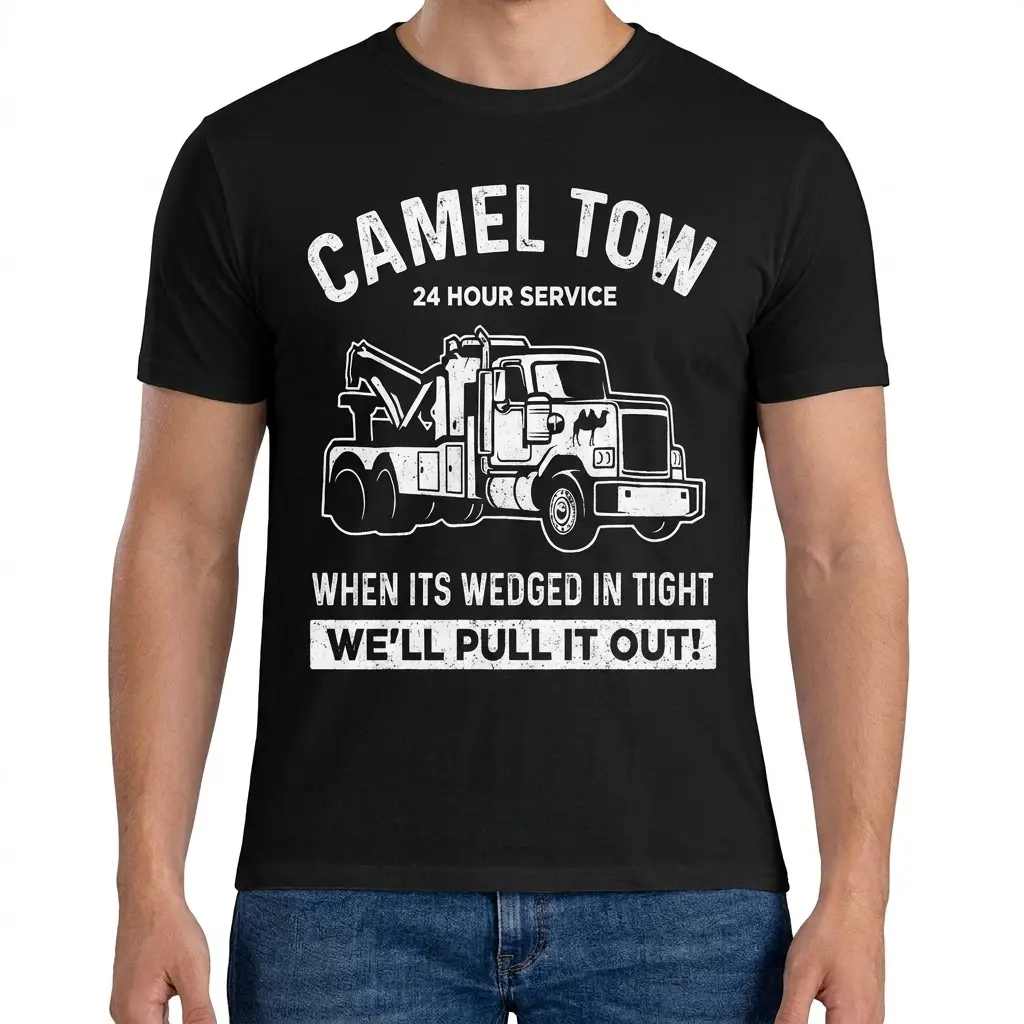 Man standing facing forward wearing the funny Camel Tow 24 hour service t-shirt.