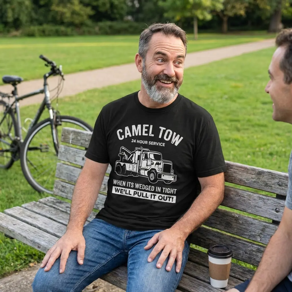 Casual lifestyle setting featuring the Camel Tow funny tow truck t-shirt.