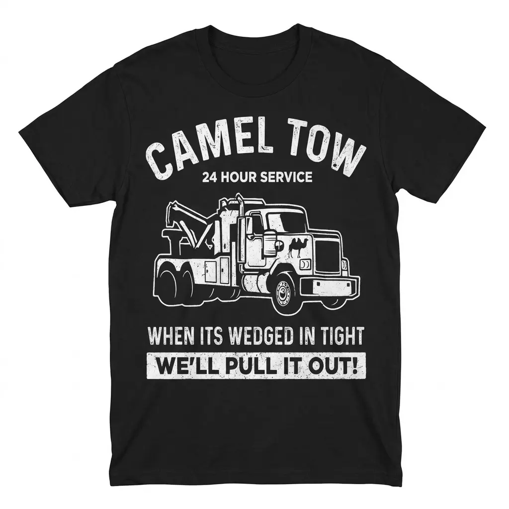 Flat lay front view of a black t-shirt featuring a funny Camel Tow truck graphic with humorous recovery service text.