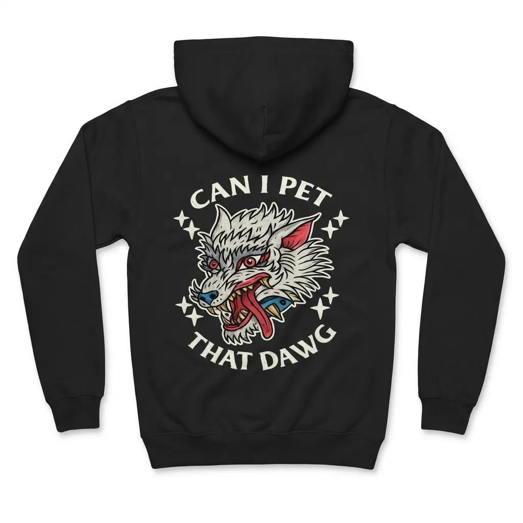 Cozy pullover hoodie displaying black tee back print reading CAN I PET THAT DAWG around a traditional tattoo snarling wolf head