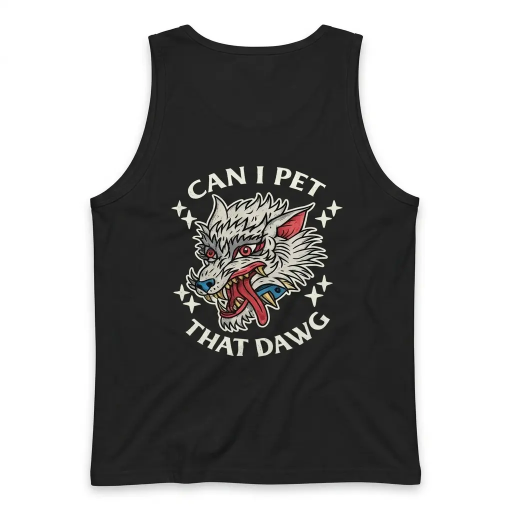 Sleeveless casual tank top with black tee back print reading CAN I PET THAT DAWG around a traditional tattoo snarling wolf head