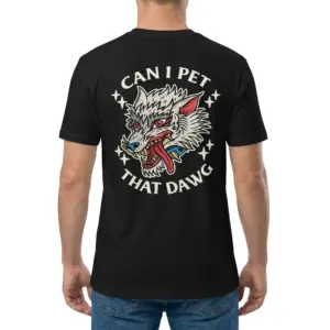 Can I Pet That Dawg Traditional Wolf Tattoo T-Shirt 9 Man wearing black graphic tee with black tee back print reading CAN I PET THAT DAWG around a traditional tattoo snarling wolf head