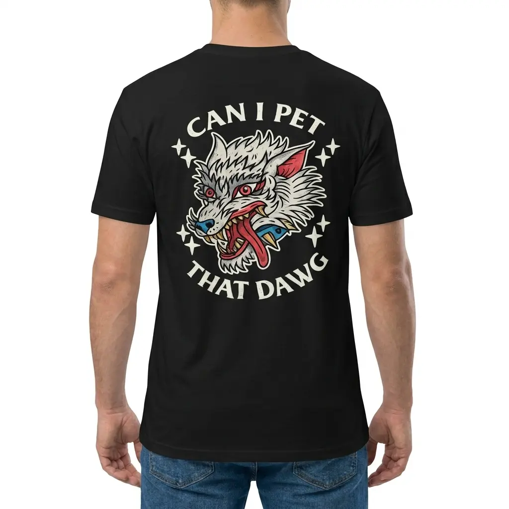 Man wearing black graphic tee with black tee back print reading CAN I PET THAT DAWG around a traditional tattoo snarling wolf head