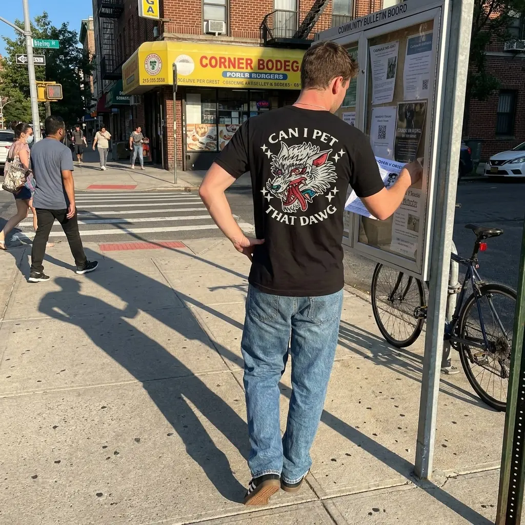 Everyday streetwear outfit styling black shirt with black tee back print reading CAN I PET THAT DAWG around a traditional tattoo snarling wolf head