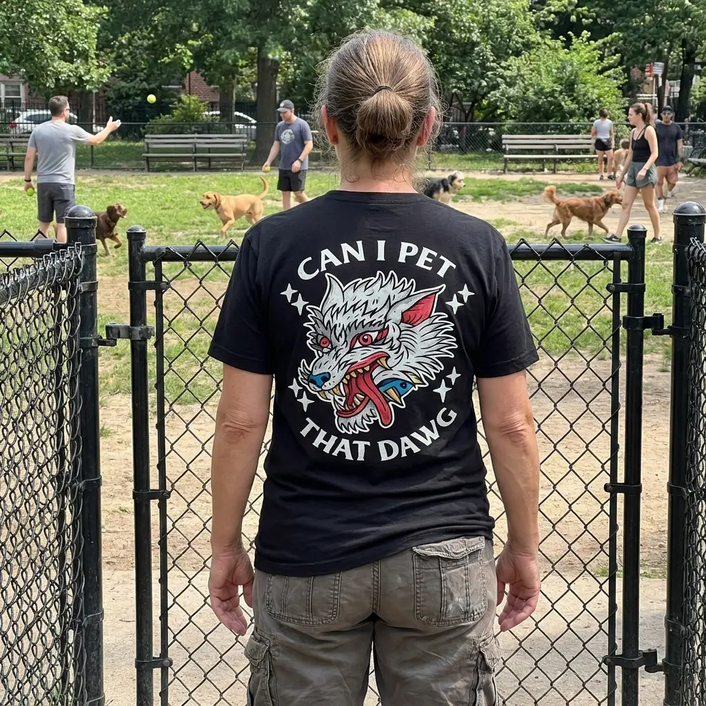 Close-up casual look showcasing black tee and black tee back print reading CAN I PET THAT DAWG around a traditional tattoo snarling wolf head