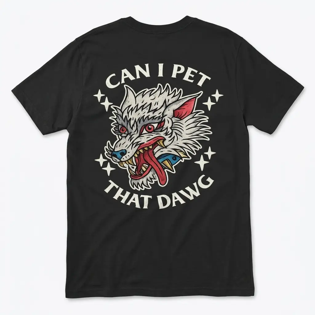 Flatlay black t-shirt featuring black tee back print reading CAN I PET THAT DAWG around a traditional tattoo snarling wolf head