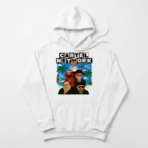 Cartel Network Cartoon Parody Tropical Beach White T-Shirt 7 Cozy pullover hoodie displaying white tee front print reading CARTEL NETWORK with cartoon crime characters on a tropical beach