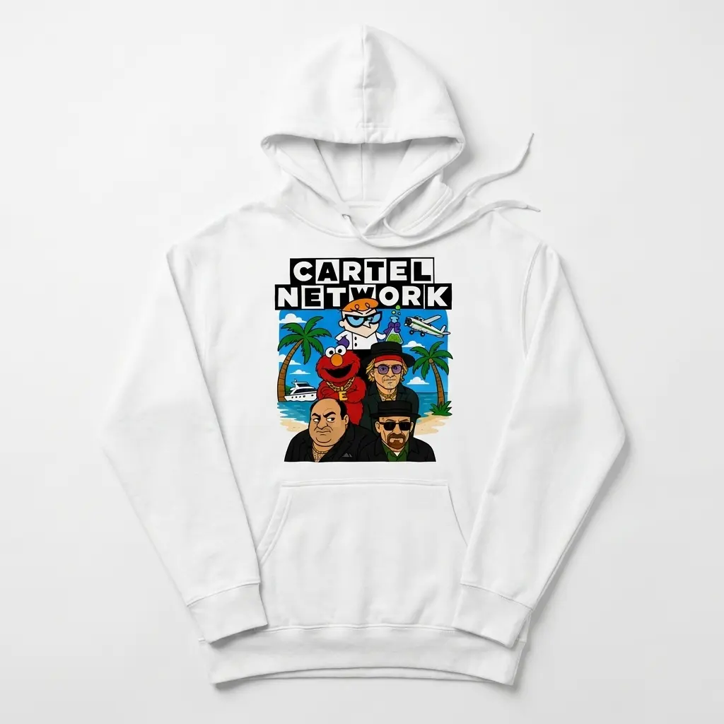 Cozy pullover hoodie displaying white tee front print reading CARTEL NETWORK with cartoon crime characters on a tropical beach