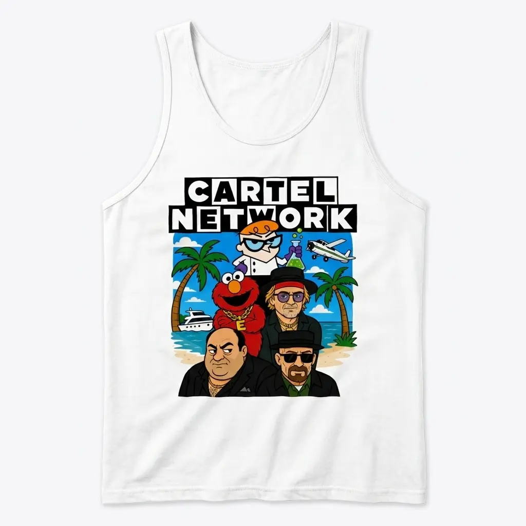 Sleeveless casual tank top with white tee front print reading CARTEL NETWORK with cartoon crime characters on a tropical beach