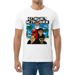 Cartel Network Cartoon Parody Tropical Beach White T-Shirt 9 Man wearing white graphic tee with white tee front print reading CARTEL NETWORK with cartoon crime characters on a tropical beach