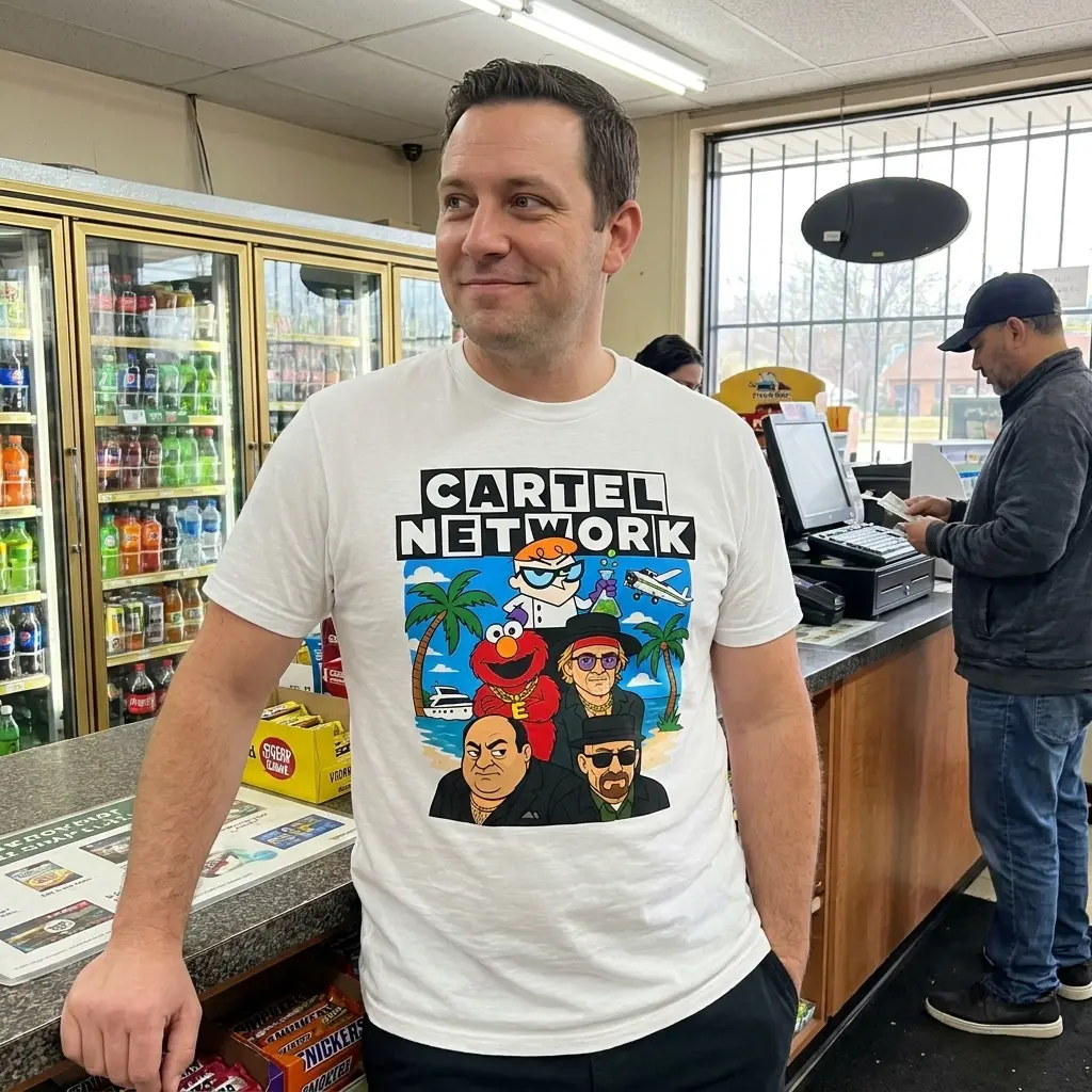 Everyday streetwear outfit styling white shirt with white tee front print reading CARTEL NETWORK with cartoon crime characters on a tropical beach