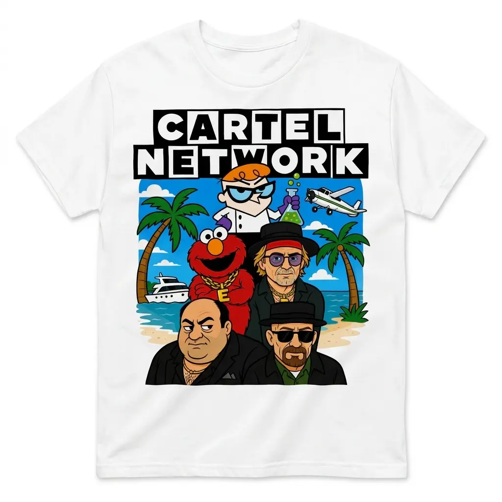 Flatlay white t-shirt featuring white tee front print reading CARTEL NETWORK with cartoon crime characters on a tropical beach