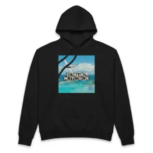 Cartel Network Tropical Island Plane Parody Black T-Shirt 7 Cozy pullover hoodie displaying black tee front print reading CARTEL NETWORK above a white twin-engine plane over tropical turquoise water