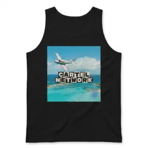 Cartel Network Tropical Island Plane Parody Black T-Shirt 8 Sleeveless casual tank top with black tee front print reading CARTEL NETWORK above a white twin-engine plane over tropical turquoise water