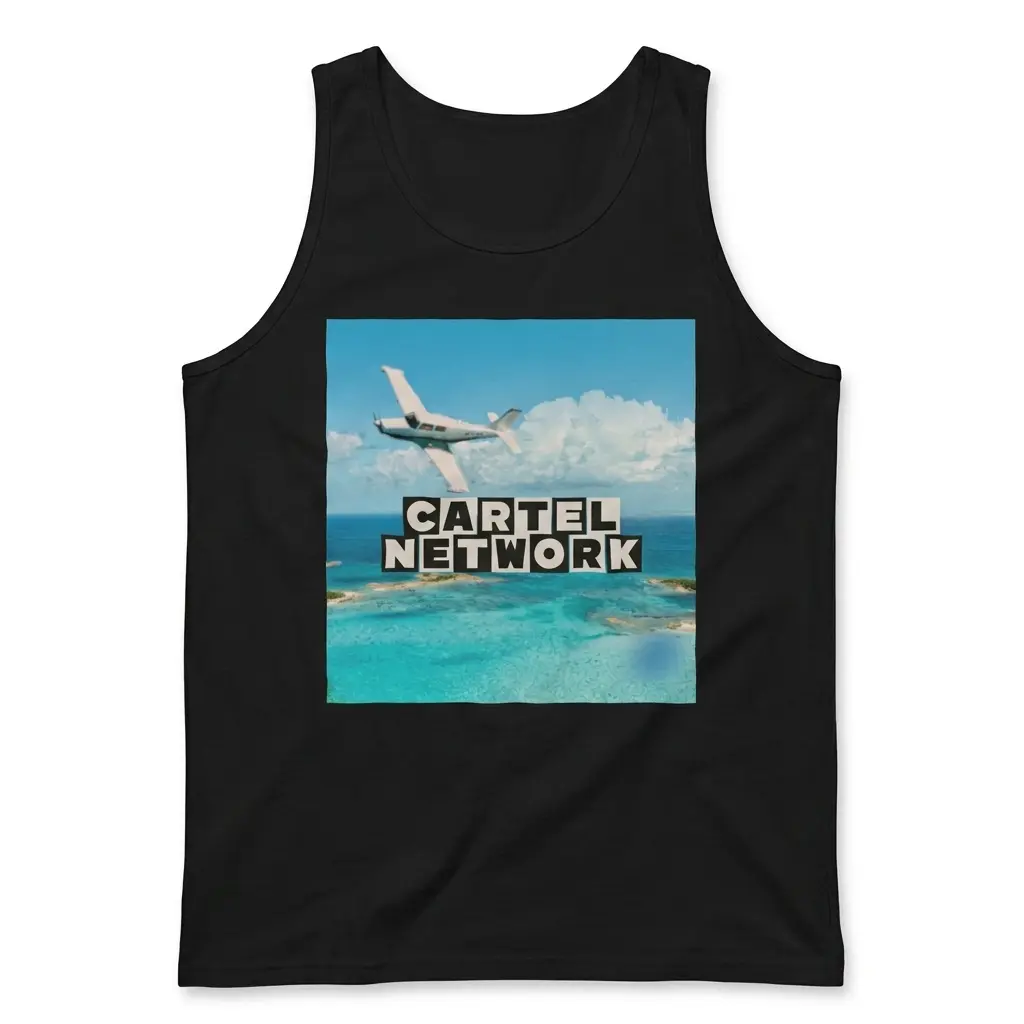 Sleeveless casual tank top with black tee front print reading CARTEL NETWORK above a white twin-engine plane over tropical turquoise water