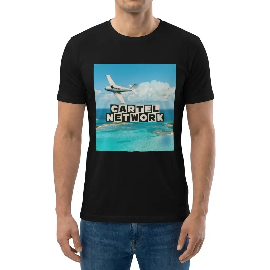 Man wearing black graphic tee with black tee front print reading CARTEL NETWORK above a white twin-engine plane over tropical turquoise water