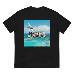 Flatlay black t-shirt featuring black tee front print reading CARTEL NETWORK above a white twin-engine plane over tropical turquoise water