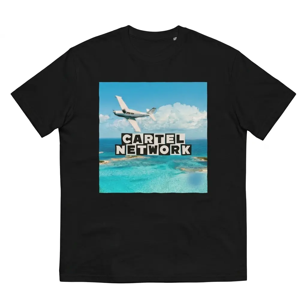 Flatlay black t-shirt featuring black tee front print reading CARTEL NETWORK above a white twin-engine plane over tropical turquoise water
