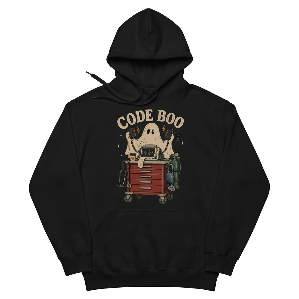 Front flatlay of a hoodie with the “CODE BOO” nurse Halloween design, showing a ghost surrounded by medical equipment.