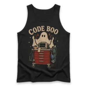 Code Boo Funny Nurse Halloween T-Shirt 8 Front flatlay of a tank top featuring the “CODE BOO” Halloween graphic with a ghost, medical cart, monitor, and stethoscope.