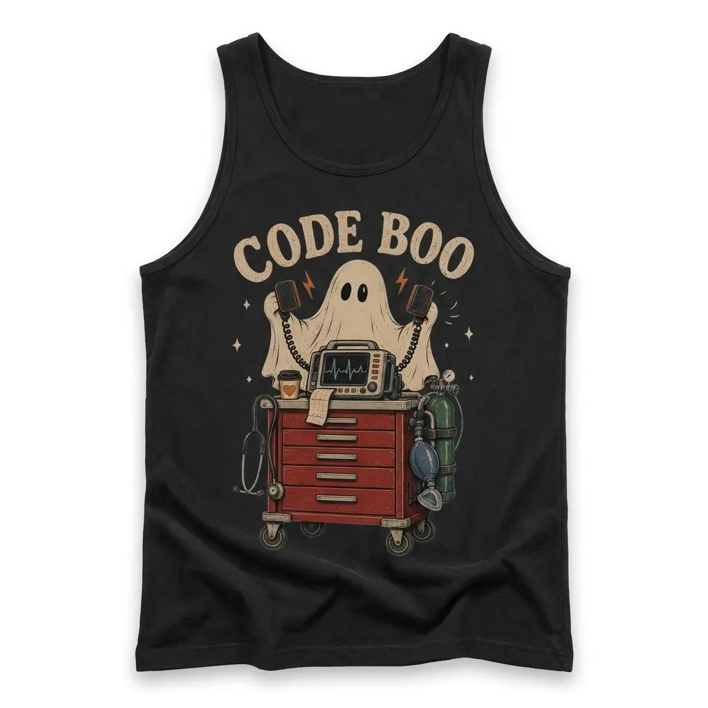 Front flatlay of a tank top featuring the “CODE BOO” Halloween graphic with a ghost, medical cart, monitor, and stethoscope.