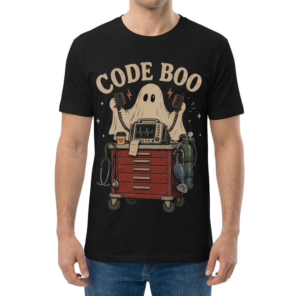 Man shown from the front wearing a nurse Halloween shirt with a ghostly medical cart graphic and “CODE BOO” text.