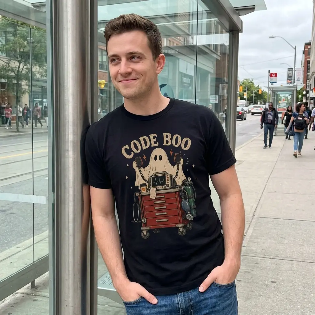 Lifestyle view of the nurse Halloween shirt featuring a ghost behind a medical cart beneath “CODE BOO” lettering.