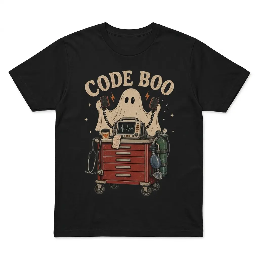 Black short-sleeve nurse Halloween t-shirt in a front flatlay, featuring a ghost, medical cart, and “CODE BOO” lettering.