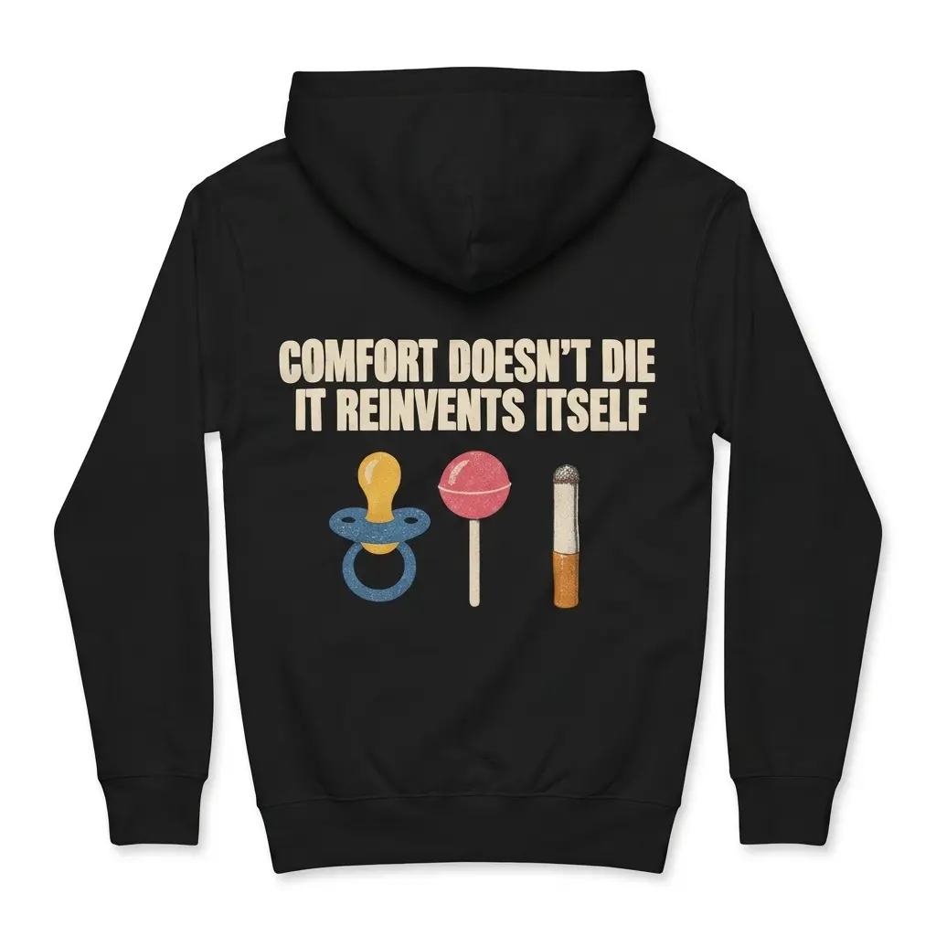 Cozy pullover hoodie displaying black tee back print reading COMFORT DOESN'T DIE IT REINVENTS ITSELF with pacifier lollipop and cigarette icons