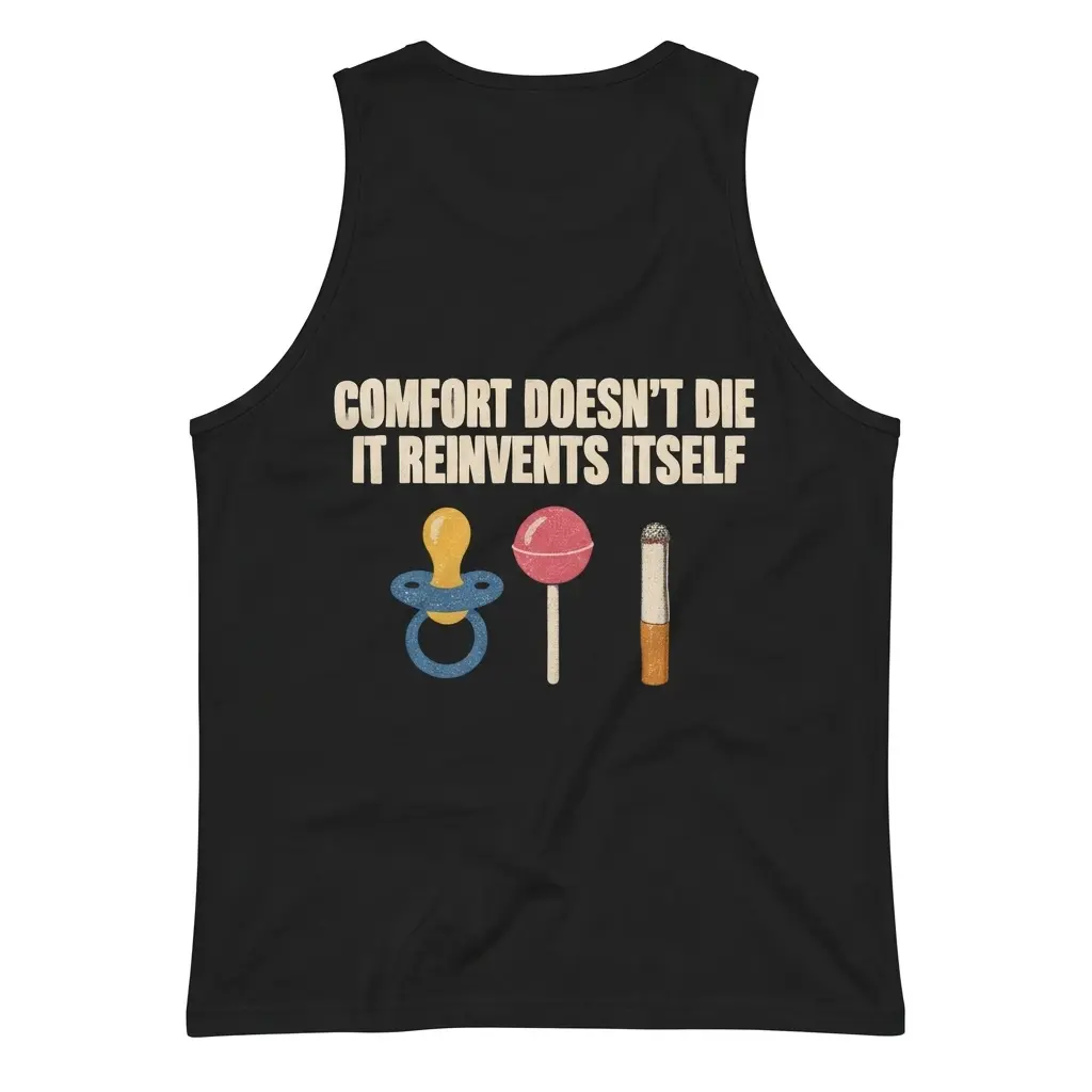 Sleeveless casual tank top with black tee back print reading COMFORT DOESN'T DIE IT REINVENTS ITSELF with pacifier lollipop and cigarette icons