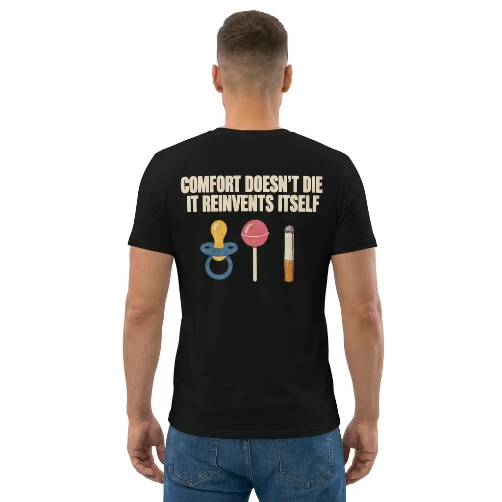 Man wearing black graphic tee with black tee back print reading COMFORT DOESN'T DIE IT REINVENTS ITSELF with pacifier lollipop and cigarette icons