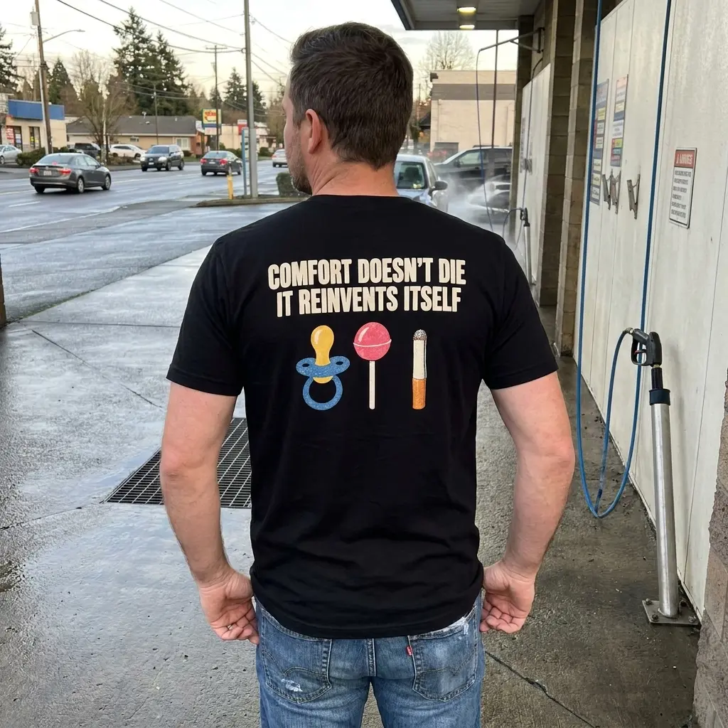 Everyday streetwear outfit styling black shirt with black tee back print reading COMFORT DOESN'T DIE IT REINVENTS ITSELF with pacifier lollipop and