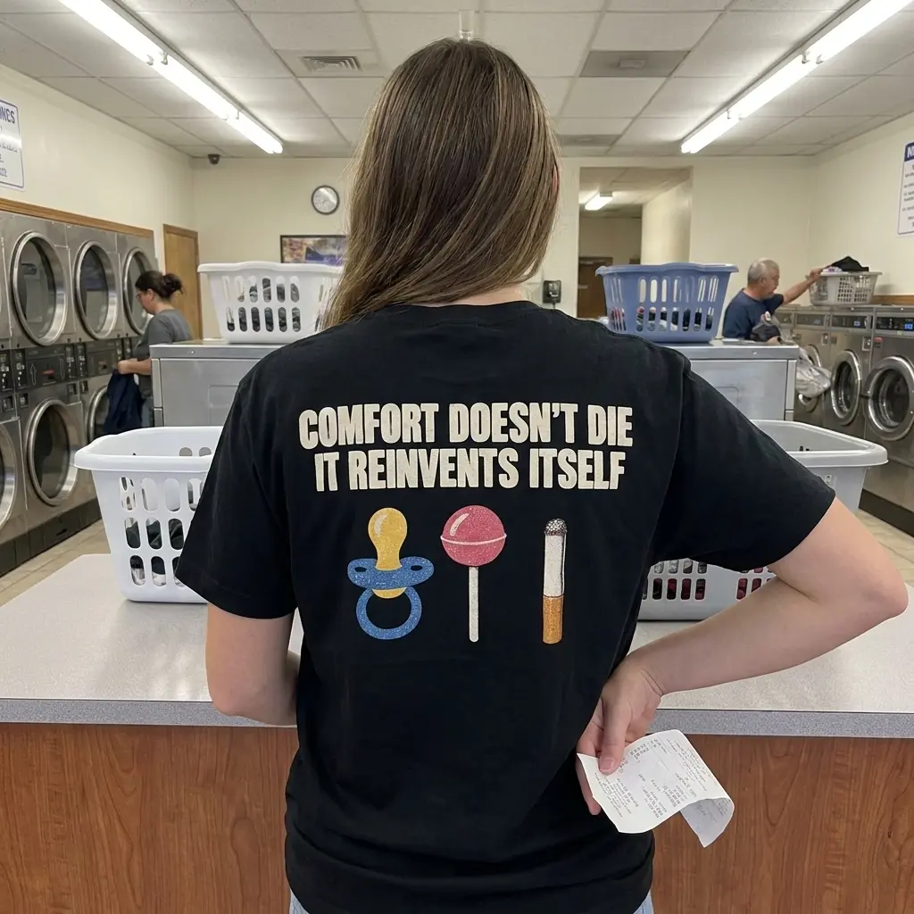 Close-up casual look showcasing black tee and black tee back print reading COMFORT DOESN'T DIE IT REINVENTS ITSELF with pacifier lollipop and cigarette icons