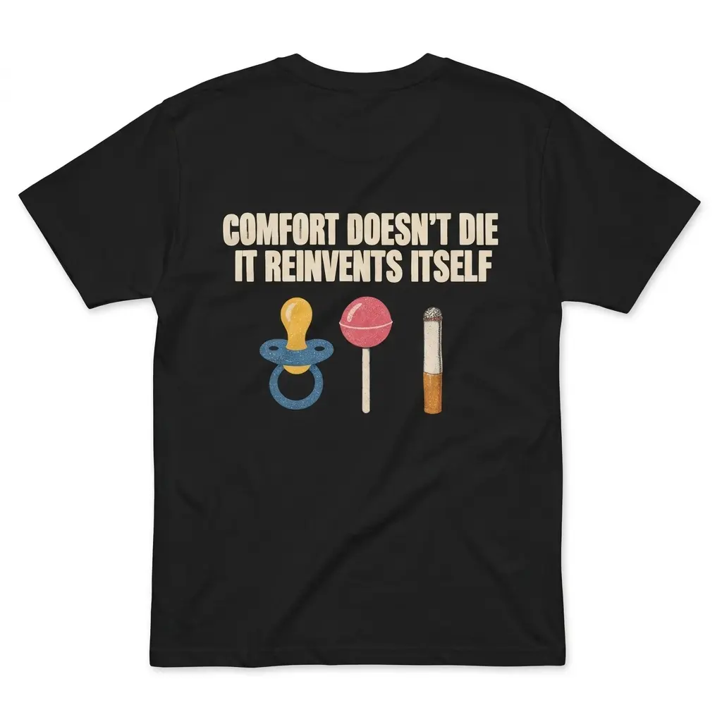 Flatlay black t-shirt featuring black tee back print reading COMFORT DOESN'T DIE IT REINVENTS ITSELF with pacifier lollipop and cigarette icons