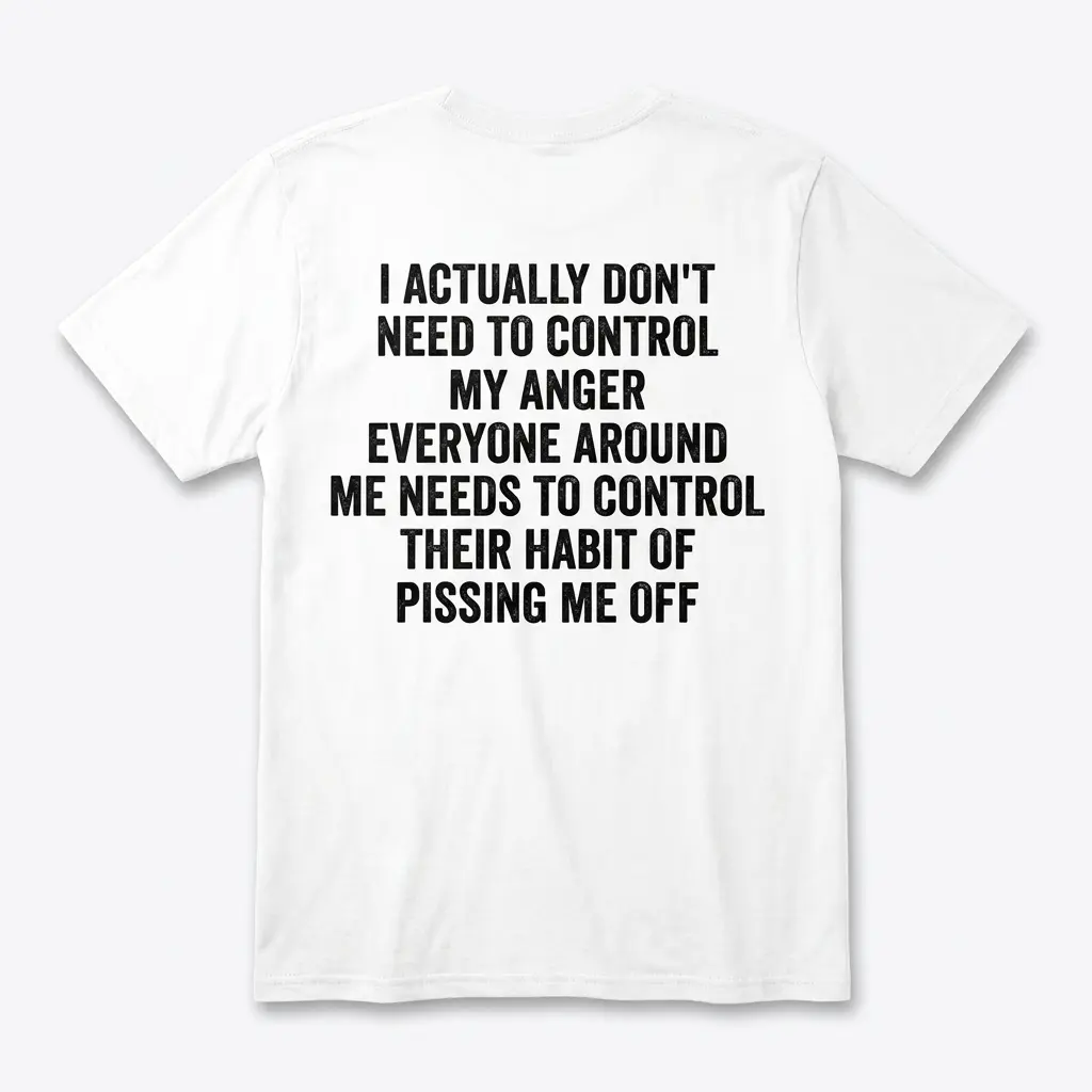 Control My Anger Sarcastic Quote T-Shirt 1 Sarcastic Anger Quote Shirt ? back view white flat lay tee reading I Actually Don't Need To Control My Anger Everyone Around Me Needs To Control Their Habit