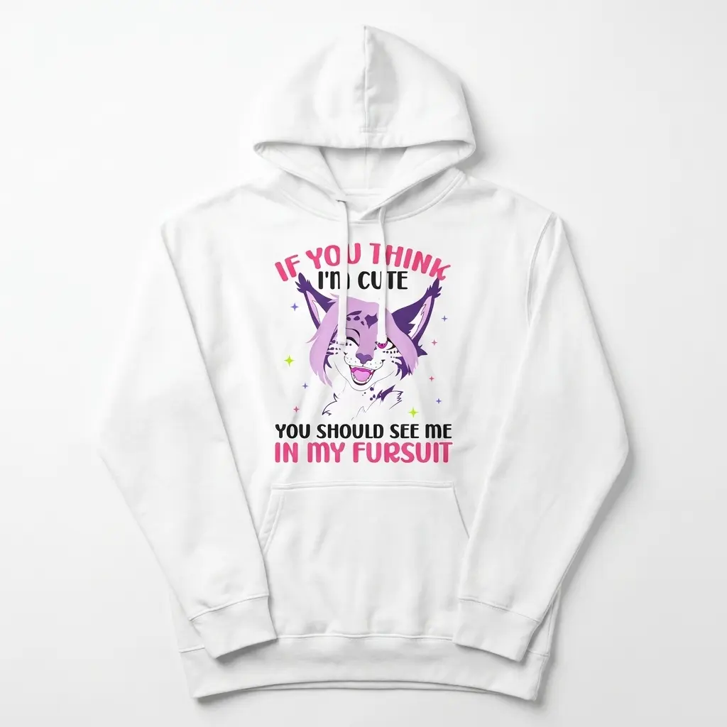 Front flat lay of a hoodie printed with the furry fandom graphic and quote If You Think I'm Cute You Should See Me In My Fursuit.
