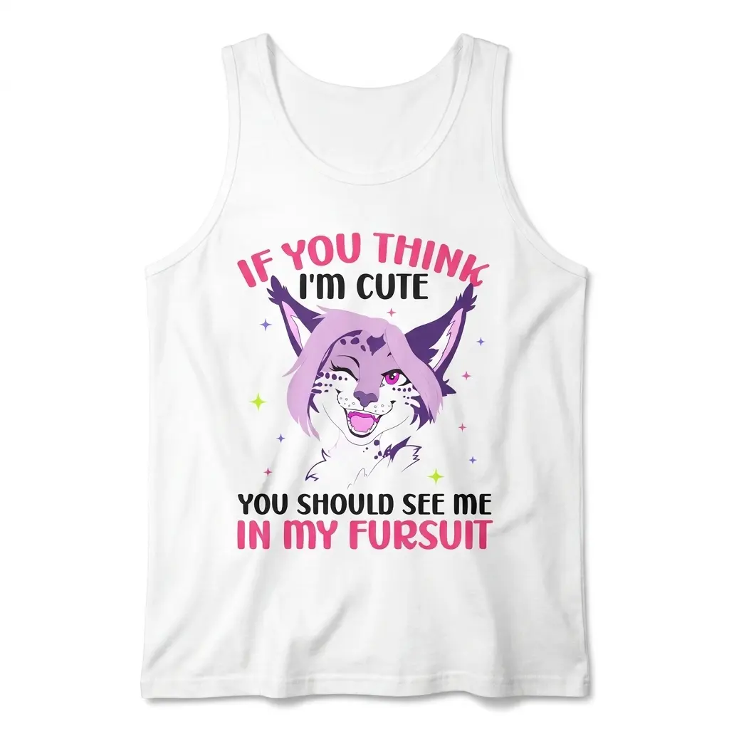 Front flat lay view of a tank top featuring a cute winking purple furry cat design with fursuit fandom text.