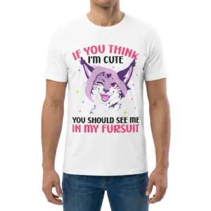 Cute Furry Fandom Fursuit Graphic T-Shirt 9 Front view of a man wearing the white graphic t-shirt with the cute purple furry fandom fursuit design.