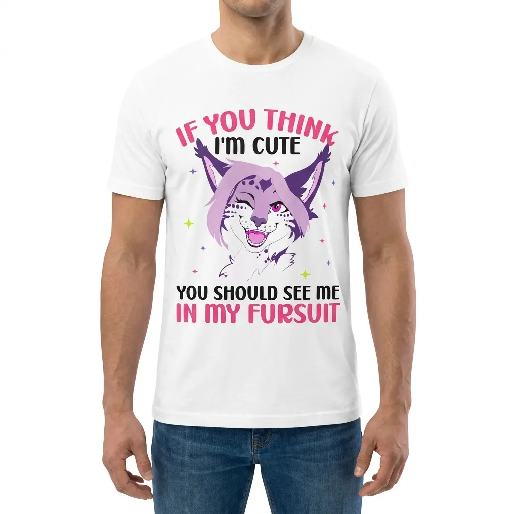Front view of a man wearing the white graphic t-shirt with the cute purple furry fandom fursuit design.