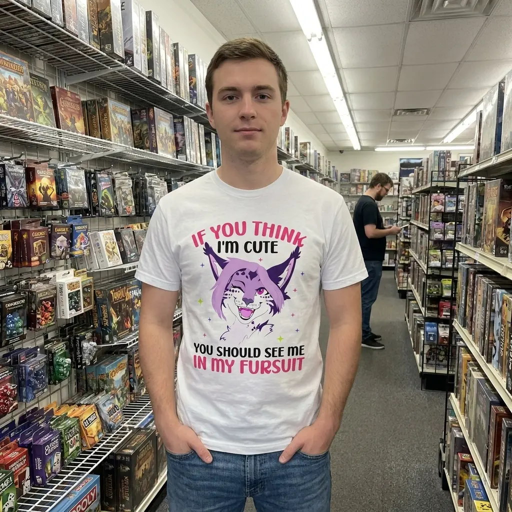 Casual lifestyle setting showcasing the colorful furry fandom graphic t-shirt.