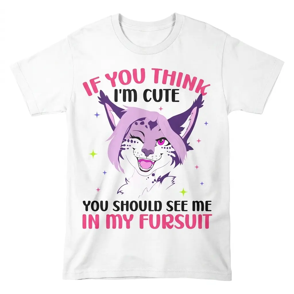Flat lay front view of a white t-shirt featuring a winking purple furry character and text reading If You Think I'm Cute You Should See Me In My Fursuit.