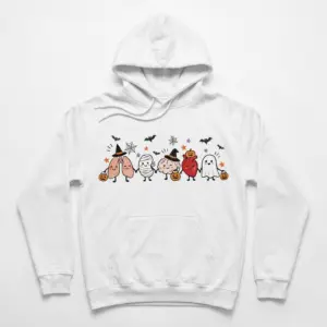Cute Spooky Anatomy Organs Trick Or Treat Medical T-Shirt 7 Cozy pullover hoodie displaying white tee front print showing cute cartoon lungs, mummy stomach, witch brain, pumpkin heart, and ghost holding Halloween