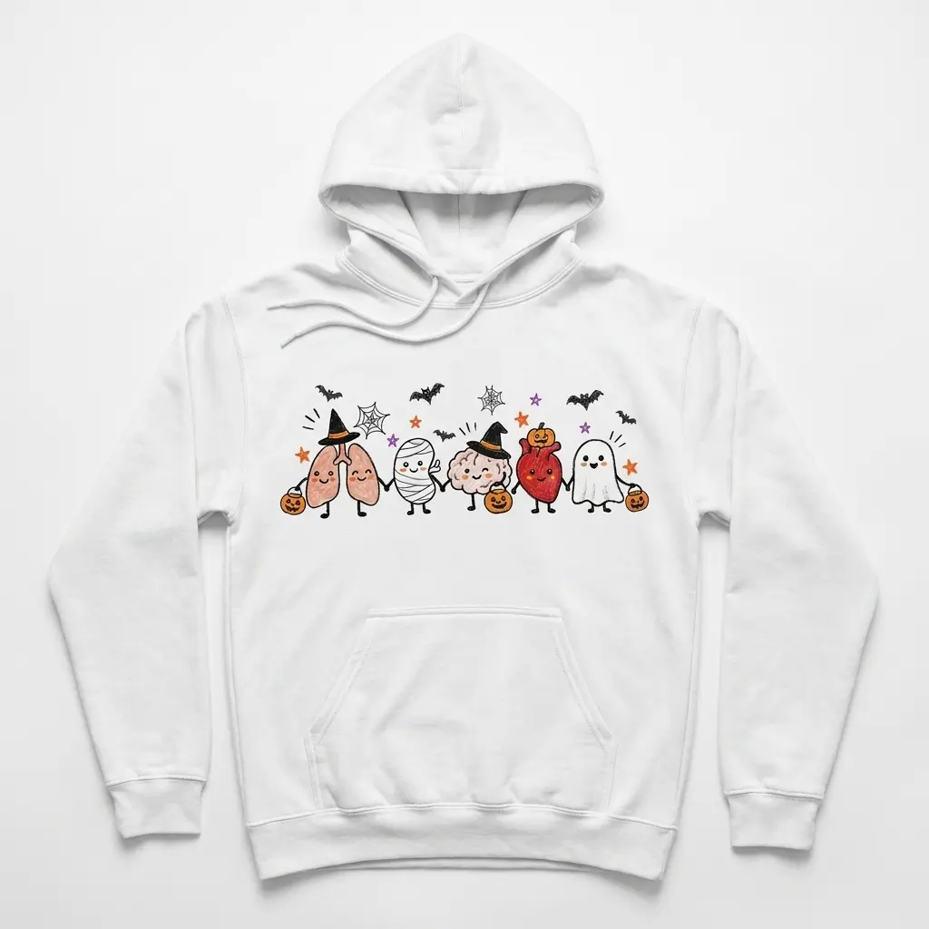 Cute Spooky Anatomy Organs Trick Or Treat Medical T-Shirt 2 Cozy pullover hoodie displaying white tee front print showing cute cartoon lungs, mummy stomach, witch brain, pumpkin heart, and ghost holding Halloween