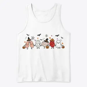 Cute Spooky Anatomy Organs Trick Or Treat Medical T-Shirt 8 Sleeveless casual tank top with white tee front print showing cute cartoon lungs, mummy stomach, witch brain, pumpkin heart, and ghost holding Halloween